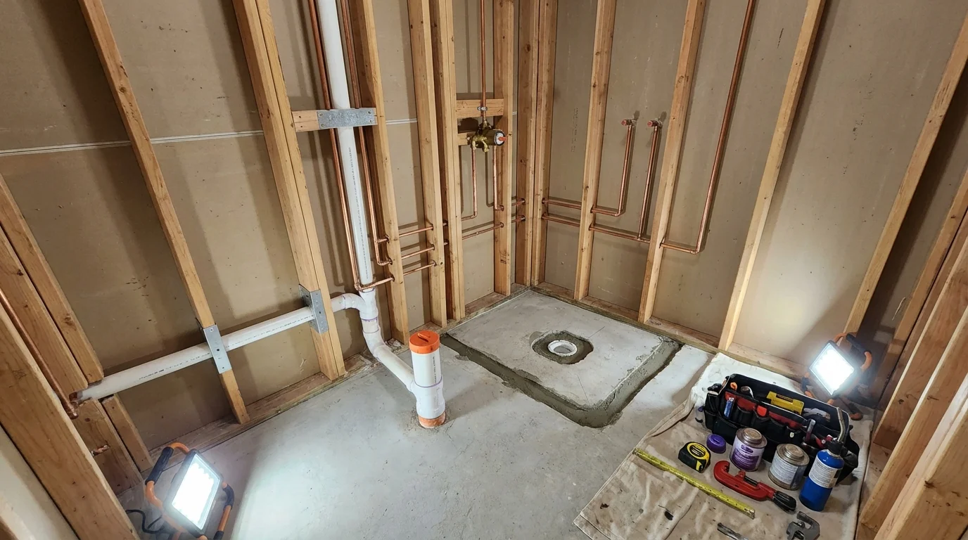 Bathroom rough-in plumbing during remodel by Johns Plumbing LLC in Joliet