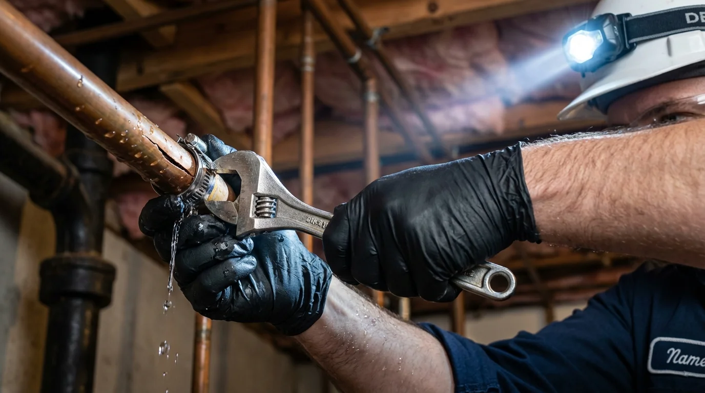 Emergency pipe clamp repair being performed by a Johns Plumbing LLC plumber in Joliet