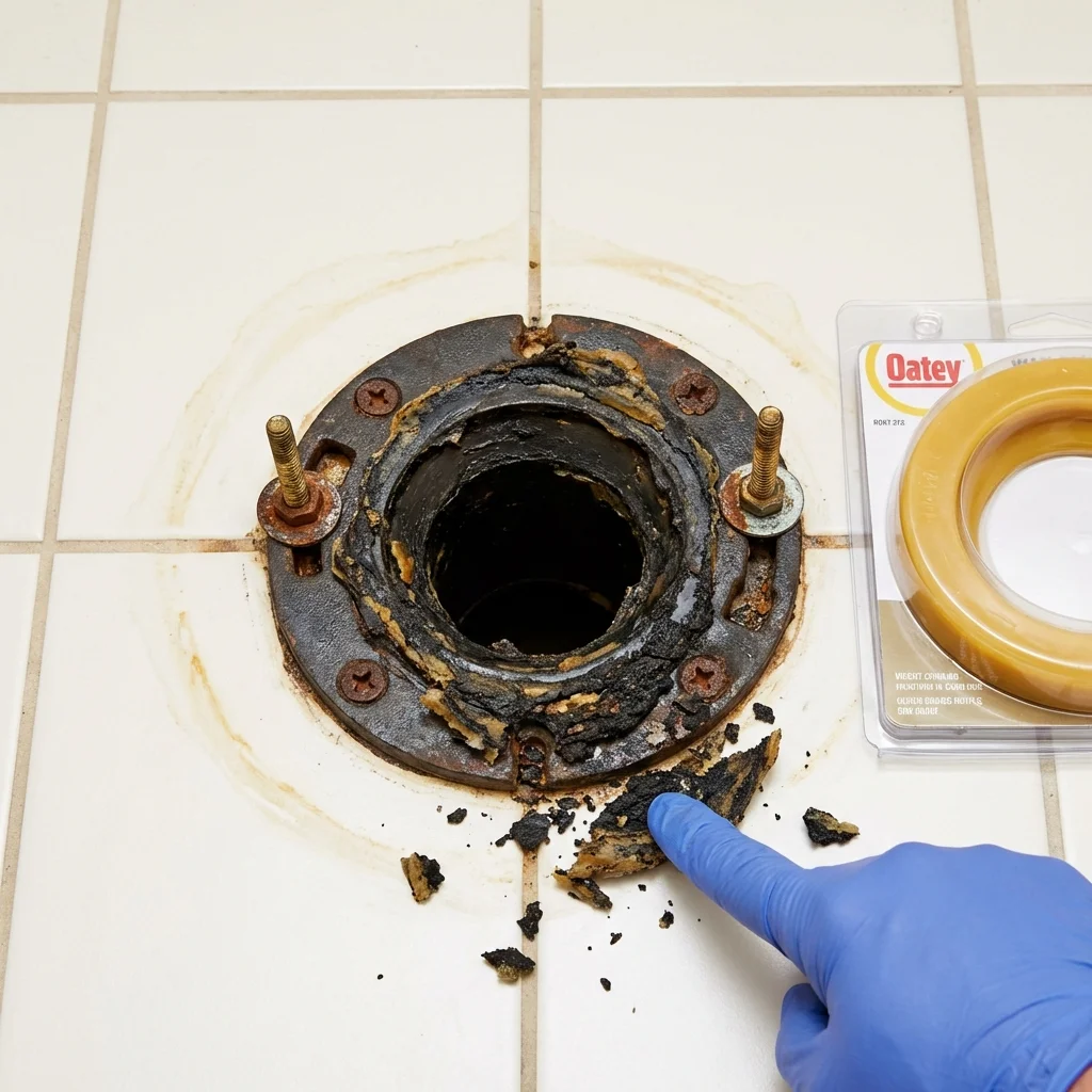 Failed wax ring showing water seepage at the base of a toilet in a Joliet, IL home