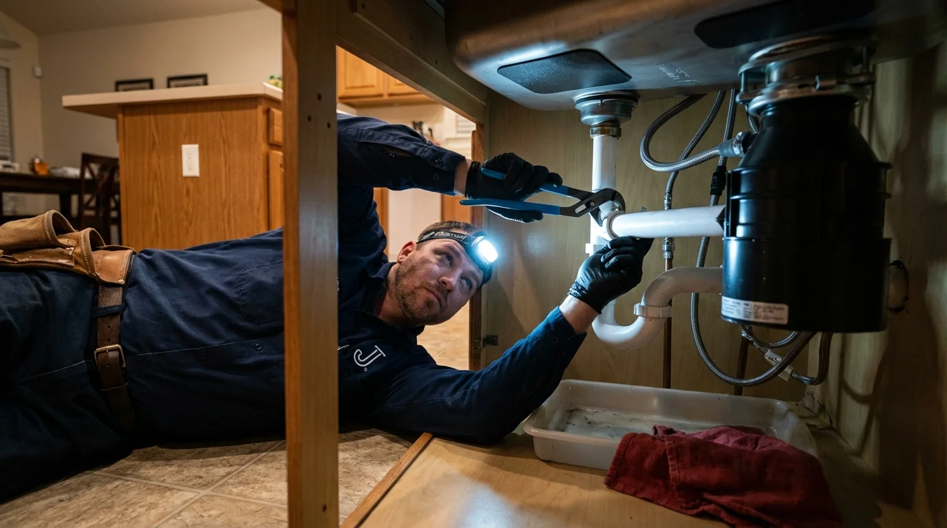 P-trap and supply line connections under a kitchen sink showing a common leak point in Joliet, IL